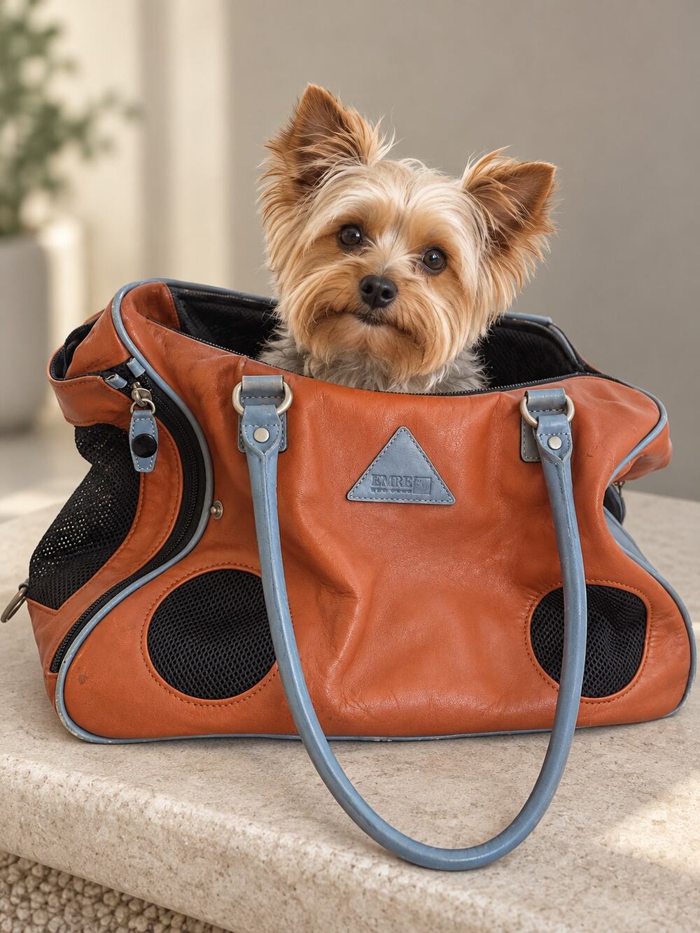 Emre New York Leather Small Pet Carrier Cognac & Blue Dog/Cat Travel Bag 16x10x9